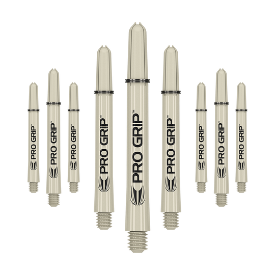 Target Pro Grip Shafts - 3 sady - Sand Das Bild zeigt neun beige Dartschäfte mit der Aufschrift "PRO GRIP". Sie sind in drei Reihen angeordnet und haben am Ende ein Schraubgewinde.