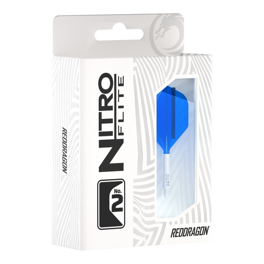 Red Dragon Nitroplite - White Shaft Blue No2 Flights Die Abbildung zeigt eine Packung Red Dragon Nitroflite mit einem weißen Schaft und blauen No2-Flights. Die Verpackung ist überwiegend weiß mit einem Sichtfenster, durch das der blaue Flight zu sehen ist.