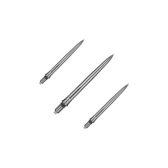 Das Bild zeigt ein Set aus glatten silbernen Dartspitzen. Die Spitzen sind ordentlich nebeneinander angeordnet.