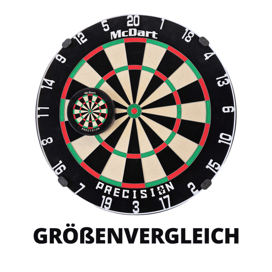 Abgebildet ist das McDart Precision Mini Dartboard mit individuellem Wunschtext. Es ist eine kleine, präzise Dartscheibe mit Halterung.