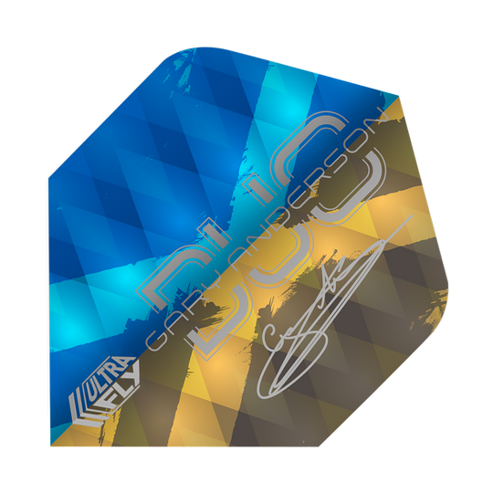 Letky Unicorn Ultrafly 100 Gary Anderson Duo Plus Das Bild zeigt ein Dart-Flight der Marke Unicorn Ultrafly 100 Gary Anderson Duo Plus. Das Flight hat ein Muster in Blau, Gelb und Braun und trägt die Unterschrift von Gary Anderson.