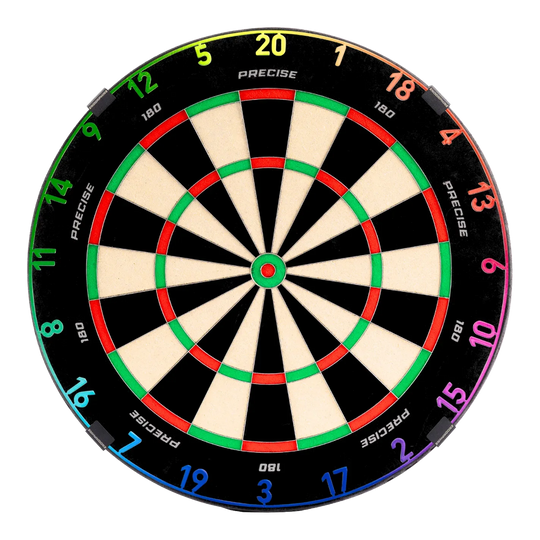 Přesná ocelová terčová target ... Zu sehen ist das Precise 180 Endorphine Steeldartboard mit Nummernring – Spectrum. Das Dartboard ist frontal abgebildet.