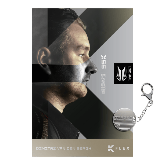 Target Dimitri Van Den Bergh 95K Swiss Point Steeldarts werden angezeigt. Das Bild zeigt das Aussehen und Design der Steeldarts.