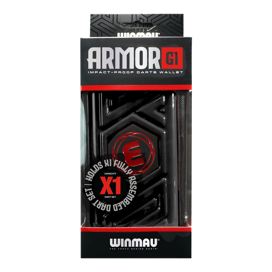 Das Bild zeigt eine schwarze Darttasche von Winmau mit dem Namen "Armor G1". Die Verpackung betont, dass sie stoßfest ist und ein vollständig montiertes Dart-Set aufnehmen kann.