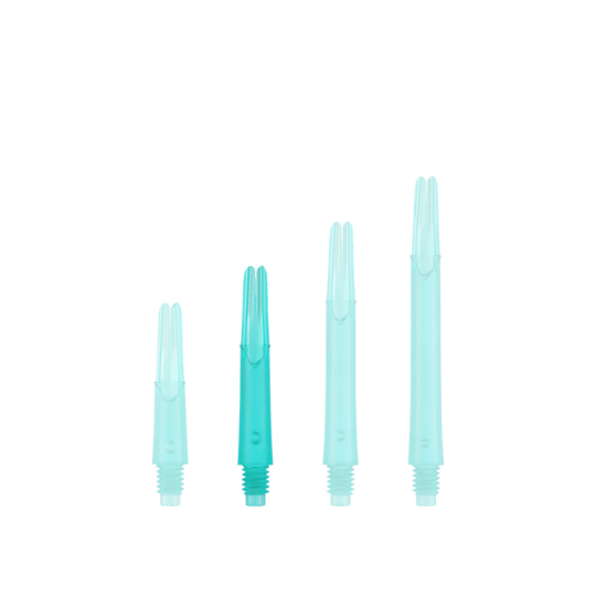 L-L-Style-Shafts Uzamčené rovné - Emerald Das Bild zeigt vier grüne, durchsichtige Dartschafts in unterschiedlichen Längen. Sie sind senkrecht und nebeneinander aufgereiht.