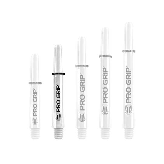 Target Pro Grip Shafts – 3 sady – White Auf dem Bild sind fünf weiße Dart-Schäfte in verschiedenen Längen zu sehen. Sie tragen alle die Aufschrift "PRO GRIP".