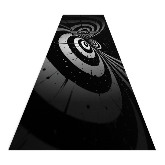 Der Bulls NL Illusion Black White Dartteppich zeigt ein auffälliges, schwarz-weißes Spiraldesign. Der Teppich eignet sich ideal für den Einsatz beim Dartspielen.
