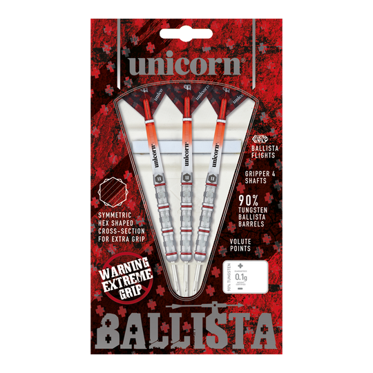 Ocelové šipky Unicorn Ballista Style 4 Auf dem Bild ist das Produkt "Unicorn Ballista Style 4 Steeldarts" zu sehen. Die Verpackung zeigt drei Steeldarts mit auffälligem Design und betont ihre hohe Griffigkeit und den 90%igen Wolframanteil.