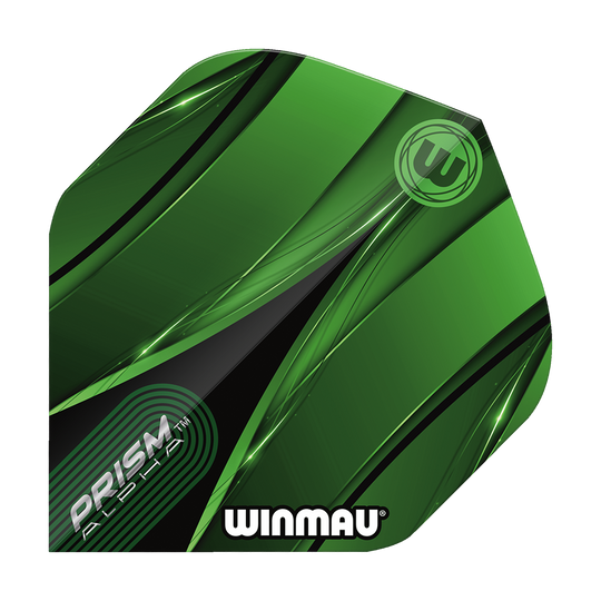 Letky Winmau Alpha Sniper Green Standard Das Bild zeigt ein Winmau Alpha Sniper Green Standard Flight für Darts. Das Flight ist überwiegend grün mit schwarzen und weißen Designelementen und trägt die Aufschriften "PRISM ALPHA" und "WINMAU".