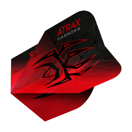 Lety Harrow's Atrax Prime No6 Das Bild zeigt das Produkt "Harrows Atrax Prime No6 Flights". Die Dartflight ist rot und schwarz mit einem markanten, grafischen Muster und dem Schriftzug "ATRAX HARROWS".
