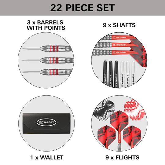Gezeigt werden die Target Nathan Aspinall Brass Steeldarts mit einem Gewicht von 22g. Sie sind für Steeldart-Wettbewerbe gedacht.
