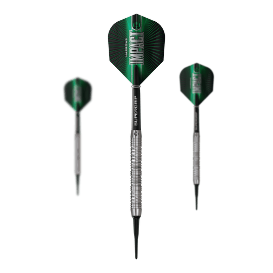Měkké šipky Harrows Impact Das Bild zeigt ein Set der Harrows Impact Softdarts. Mehrere Darts sind zusammen zu sehen.