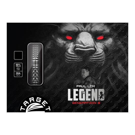 Měkké šipky Target Japan Paul Lim The Legend GEN8 - 19g Auf dem Bild ist die Verpackung der "Target Japan Paul Lim The Legend GEN8 Softdarts - 19g" zu sehen. Im Hintergrund ist ein Löwengesicht mit leuchtend roten Augen abgebildet.