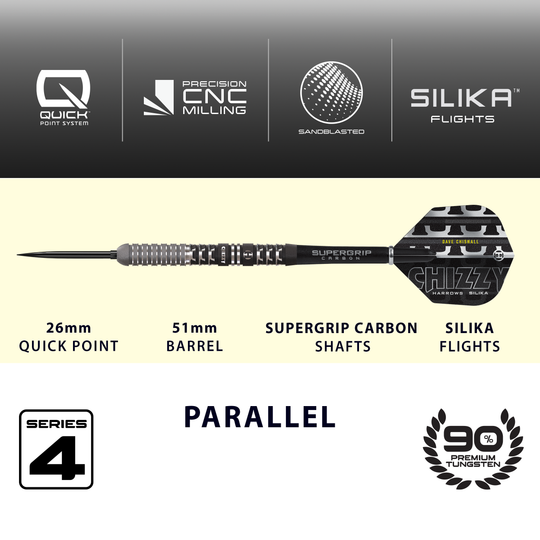 Das Bild zeigt die Harrows Dave Chisnall Chizzy Series 4 Quick Point Steeldarts. Die Darts sind professionell und bekannt für ihre hohe Qualität.