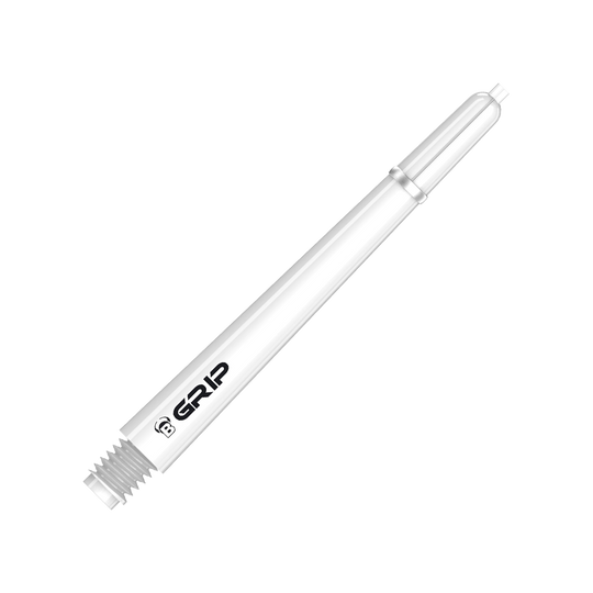 BS55059_Bulls_B-Grip-2_SL_Shafts_Weiss_48mm_2 Das Bild zeigt einen weißen Dartshaft des Produkts "Bulls B-Grip-2 SL Shafts". Auf dem Schaft ist das Wort "GRIP" zusammen mit einem kleinen "B"-Logo zu sehen.