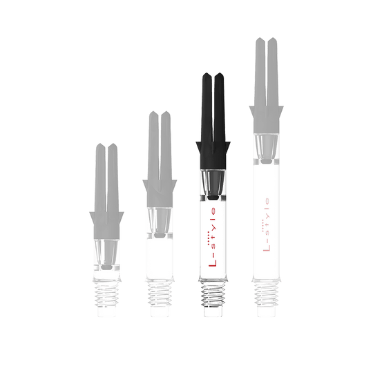 Ein gerader, transparenter Schaft für Darts ist abgebildet. Das Produkt besteht aus Carbon und wird ohne Kappen gezeigt.