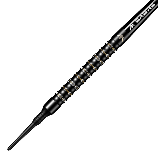 Šipky Mission Mike De Decker MDD Black Gold Soft - 20g Das Bild zeigt einen Mission Mike De Decker MDD Black Gold Softdart mit einem Gewicht von 20g. Der Dart ist schwarz-gold und hat eine strukturierte Griffzone für besseren Halt.