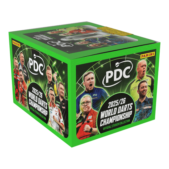 Panini PDC World Darts Championship 2025/26 - Balíček v měkké vazbě s krabičkou s nálepkami Hier abgebildet ist noch einmal das Panini PDC World Darts Championship 2025/26 Softcover Bundle mit einer Stickerbox. Das Bundle ist ideal für Stickersammler der Darts-Weltmeisterschaft.
