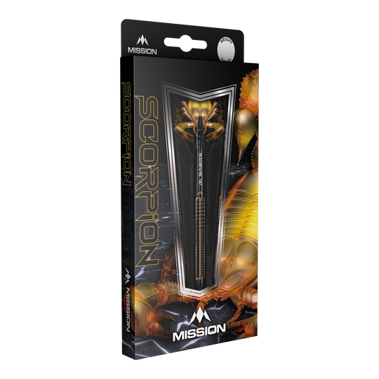 Die Abbildung zeigt die Verpackung der "Mission Scorpion Softdarts - 19g". Das Design ist schwarz-gold mit einem Skorpionmotiv und zeigt einen Dartpfeil in der Mitte.