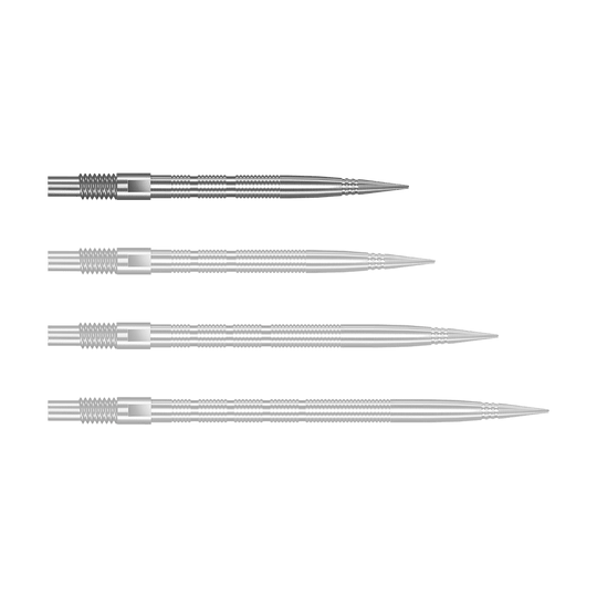 Silberne Harrows Quick Point MicroRidge Dartspitzen mit 26 mm Länge werden dargestellt. Die Spitzen liegen einzeln auf einer hellen Oberfläche.