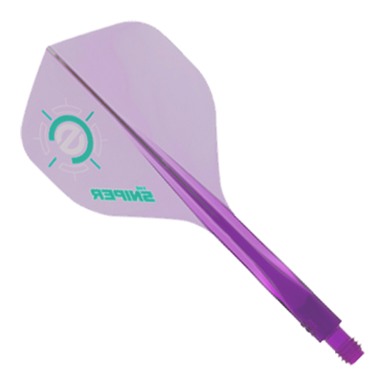 Das Bild zeigt ein Condor Axe 120 Connor Scutt Sniper Clear Purple Flight-System in Standardform. Das Produkt ist überwiegend durchsichtig-lila und hat grüne Akzente sowie den Schriftzug "SNIPER" auf dem Flight.
