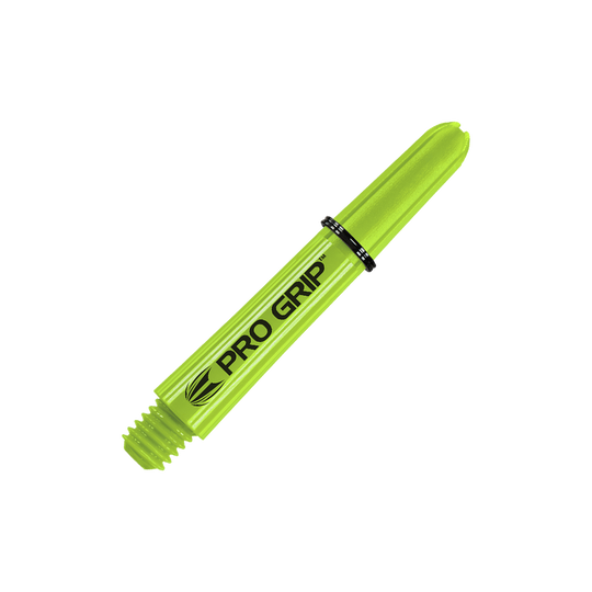 Target Pro Grip Shafts - 3 sady - Lime Green Das Bild zeigt einen limegrünen Dartshaft mit der Aufschrift "PRO GRIP". Der Schaft hat ein Schraubgewinde an einem Ende und ist 34 mm lang.