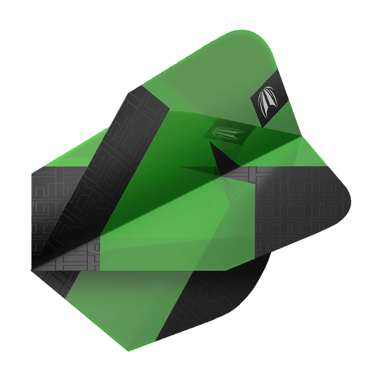 Target Pro Ultra TAG Green Ten-X Standardní letky - 3 sady Das Bild zeigt einen grünen Dartflight mit schwarzen Akzenten aus der Serie "Target Pro Ultra TAG Grün Ten-X Standard Flights". Das moderne Design hebt sich durch klare Farben und Muster hervor.