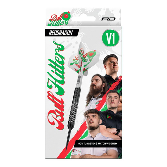 Ocelové šipky Red Dragon Bullhitters V1 - 23g Das Bild zeigt die Red Dragon Bullhitters V1 Steeldarts mit einem Gewicht von 23g. Diese Darts sind für das Steeldart-Spiel geeignet.