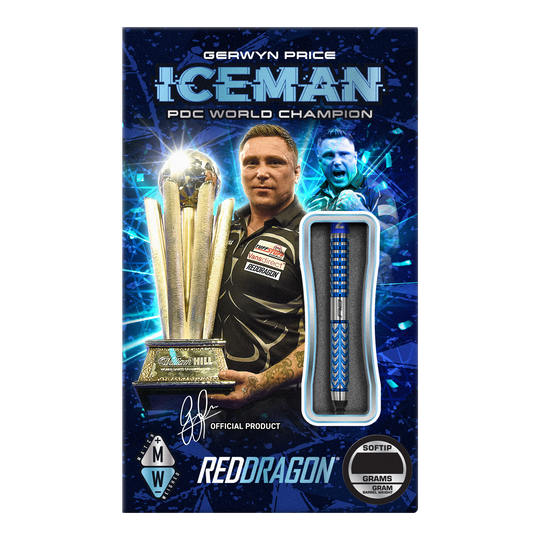 Das Bild zeigt die Verpackung der "Red Dragon Gerwyn Price Glacier Softdarts - 18g". Auf der Verpackung ist ein Dartspieler mit einem Pokal und einem einzelnen Softdart abgebildet.