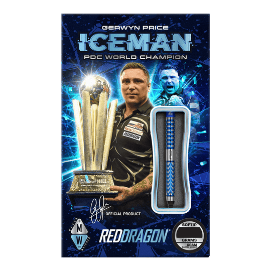 Red Dragon Gerwyn Price Glacier Softdarts - 18g Das Bild zeigt die Verpackung der "Red Dragon Gerwyn Price Glacier Softdarts - 18g". Auf der Verpackung ist ein Dartspieler mit einem Pokal und einem einzelnen Softdart abgebildet.
