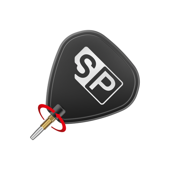 Das Bild zeigt eine schwarze Dartspitze mit den weißen Buchstaben "SP" darauf. Ein roter Pfeil deutet auf eine Drehbewegung an der goldenen Schraubverbindung hin.