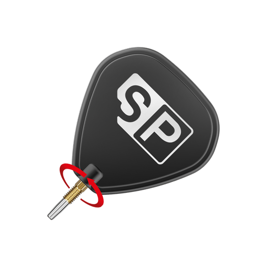 Špičky na šipky Target Swiss Point Chrono - zlaté Das Bild zeigt eine schwarze Dartspitze mit den weißen Buchstaben "SP" darauf. Ein roter Pfeil deutet auf eine Drehbewegung an der goldenen Schraubverbindung hin.
