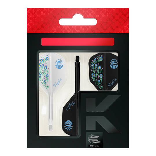 Das Bild zeigt die Verpackung des Produkts "Target Japan K-Flex Zenith Tung Suk No6 Flight-Shaft-System". In der Verpackung befinden sich unterschiedlich farbige Dartflights und -schäfte mit dekorativem Muster.