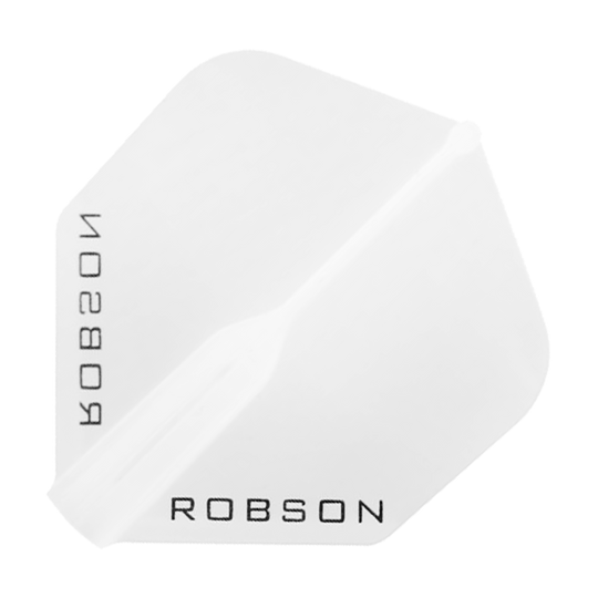 Lety Robson Plus – standardní Das Bild zeigt einen klaren, sechseckigen Dartflight mit dem Schriftzug "ROBSON" in schwarzer Farbe. Das Design ist schlicht und durchsichtig gehalten.