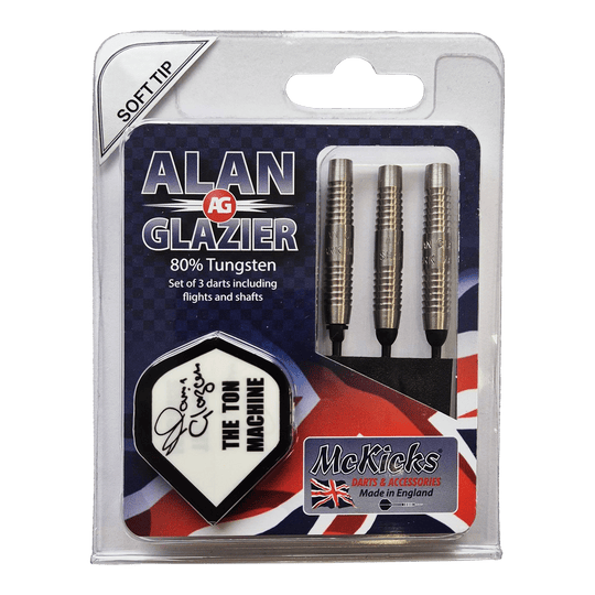 McKicks Alam Glazier Shark Machine měkké šipky Das Bild zeigt eine Verpackung mit drei Softdarts der Marke "McKicks Alan Glazier Shark Machine". Die Darts bestehen zu 80% aus Tungsten und werden inklusive Flights und Shafts geliefert.