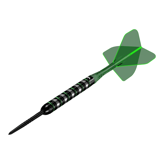 Ocelové šipky Mission Moldavit - 23g Mission Moldavite Steeldarts - 23g wird aus einer anderen Perspektive gezeigt. Die Darts zeichnen sich durch ein grünes Designelement aus.