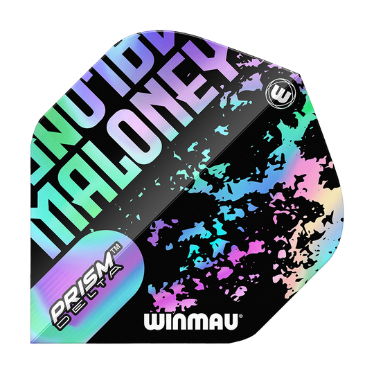 Standardní lety Winmau Prism Delta Mike Maloney Das Bild zeigt ein Winmau Prism Delta Mike Maloney Standard Flight für Darts. Das Flight hat ein auffälliges, buntes Design mit dem Namen "Maloney" und dem Winmau-Logo.