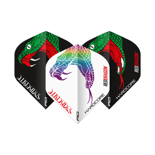 Red Dragon Peter Wright Uštknutí hadem Černá Bílá Jin Jang Standardní lety Das Bild zeigt drei Dart-Flights der Marke "Red Dragon Peter Wright Snakebite Black White Yin Yang Standard Flights". Die Flights sind in Schwarz und Weiß gestaltet und mit farbigen Schlangenmotiven verziert.