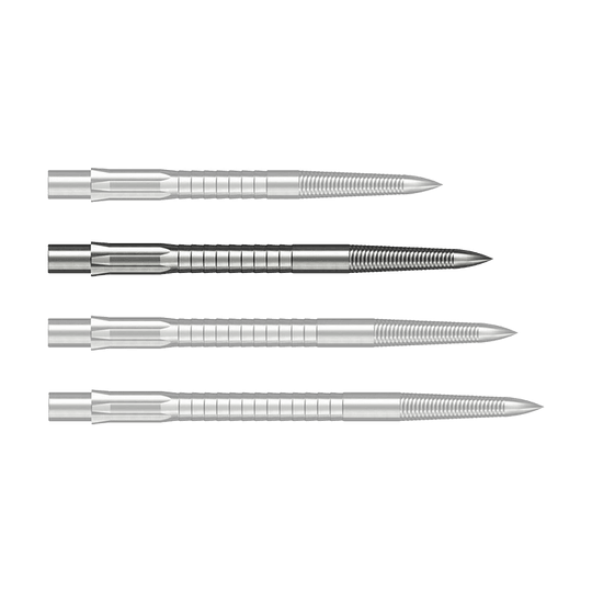 Ocelové hroty na šipky Caliburn System - Micro Grip - stříbrné Man sieht eine einzelne Caliburn Evo System Steeldartspitze Micro Grip in Silber mit einer Länge von 32 mm. Die Dartspitze ist scharf vor einem weißen Hintergrund zu erkennen.