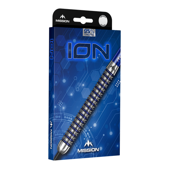 Ocelové šipky Mission ION Blue Silver Mission ION Blue Silver Steeldarts sind auf diesem Bild zu sehen. Das Produkt zeichnet sich durch seine blaue und silberne Farbgebung aus.