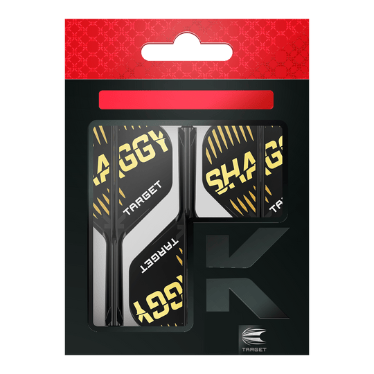 Systém standardních letových hřídelí Target K-Flex Scott Williams No2 Auf dem Bild ist die Verpackung der "Target K-Flex Scott Williams No2 Standard Flights" zu sehen. Die Flights sind überwiegend schwarz mit gelben und weißen Akzenten und dem Schriftzug "SHAGGY" darauf.