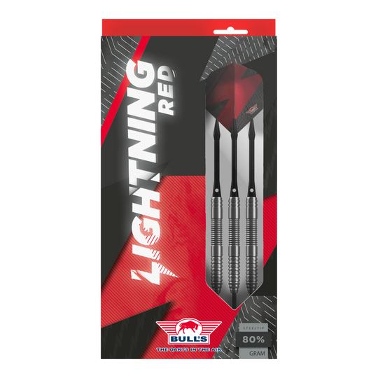 Das Bild zeigt die Verpackung der "Bulls NL Lightning Red Steeldarts". In der Packung sind drei silberne Steeldarts mit roten Flights zu sehen.