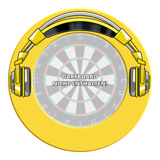 Stereo prostorový prostor pro terč na šipky McDart Das Bild stellt ein Dartboard-Surround in Gelb mit schwarzem Rand dar. Es wird das Modell 'MSF-J6_McDart_Stereo_Dartboard_Surround_Gelb_3' präsentiert.