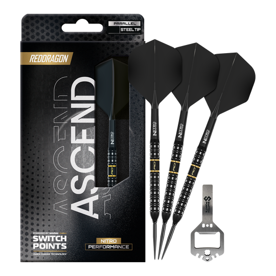 Ocelové šipky Red Dragon Ascend Parallel Switch Point Das Bild präsentiert die Red Dragon Ascend Parallel Switch Point Steeldarts in voller Länge. Die Details des kompletten Darts sind gut erkennbar.