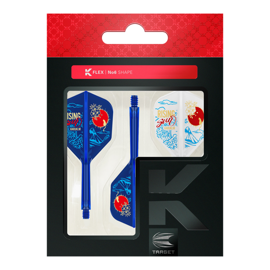 Das Bild zeigt eine Verpackung mit Dart-Flights und Schäften im Design „Rising Sun No6“ von Haruki Muramatsu. Die Flights sind in Blau und Weiß mit japanischen Motiven gestaltet und befinden sich in einer schwarzen Verpackung mit rotem Kopfteil.