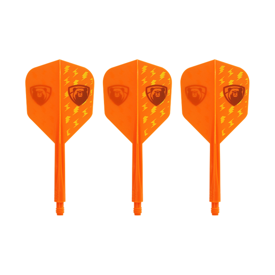 Condor AXE Thunderbolt Orange Flight-System - Small Das Bild zeigt drei orangefarbene Dartflights mit integriertem Schaft. Die Flights haben Blitzmuster und ein Logo aufgedruckt.