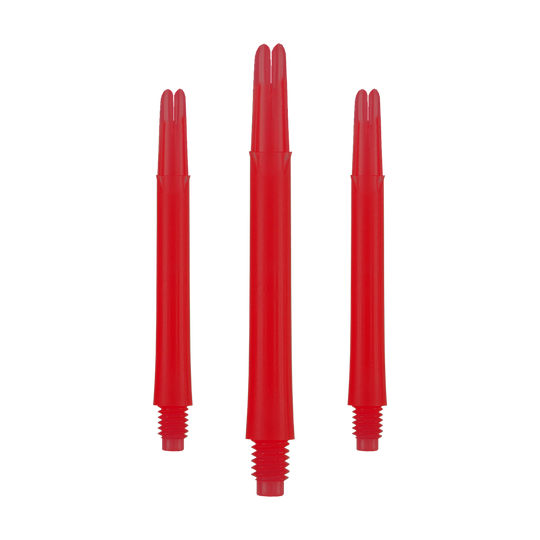 Auf dem Bild sind drei rote, gerade Dartschäfte ohne Kappen zu sehen. Sie sind nebeneinander angeordnet, wobei der mittlere etwas länger erscheint als die beiden äußeren.
