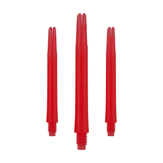L-tvarované L-hřídele, zajištěné rovné - červené Auf dem Bild sind drei rote, gerade Dartschäfte ohne Kappen zu sehen. Sie sind nebeneinander angeordnet, wobei der mittlere etwas länger erscheint als die beiden äußeren.