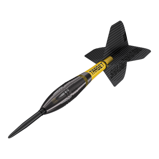 Šipky Target Scott Williams Shaggy Black Swiss Point Steel Das Bild zeigt den Target Scott Williams Shaggy Black Swiss Point Steeldart. Der Dart hat ein schwarzes Design mit gelben Akzenten und einer schwarzen Flights.