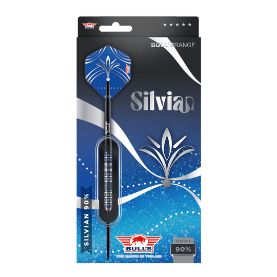 Bulls NL Silvian Steeldarts Die Abbildung zeigt die Verpackung der "Bulls NL Silvian Steeldarts". Die Verpackung ist vorwiegend blau und silber gestaltet und hebt die Marke sowie den Namen "Silvian" hervor.